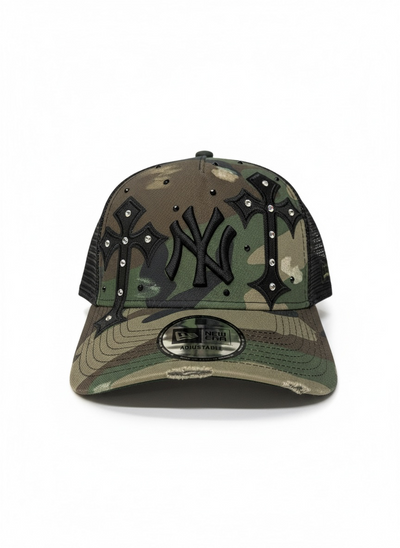 NEW ERA CUSTOM Cappello Visiera Curva Regolabile Con Rete Dietro Personalizzato Con Strass E Croci Camouflage Verde Militare
