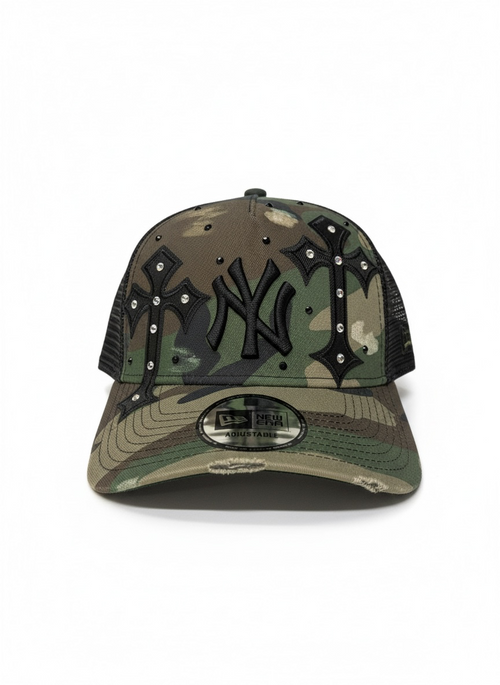 NEW ERA CUSTOM Cappello Visiera Curva Regolabile Con Rete Dietro Personalizzato Con Strass E Croci Camouflage Verde Militare
