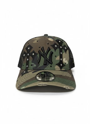 NEW ERA CUSTOM Cappello Visiera Curva Regolabile Con Rete Dietro Personalizzato Con Strass E Croci Camouflage Verde Militare