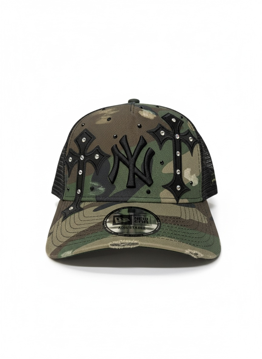 NEW ERA CUSTOM Cappello Visiera Curva Regolabile Con Rete Dietro Personalizzato Con Strass E Croci Camouflage Verde Militare