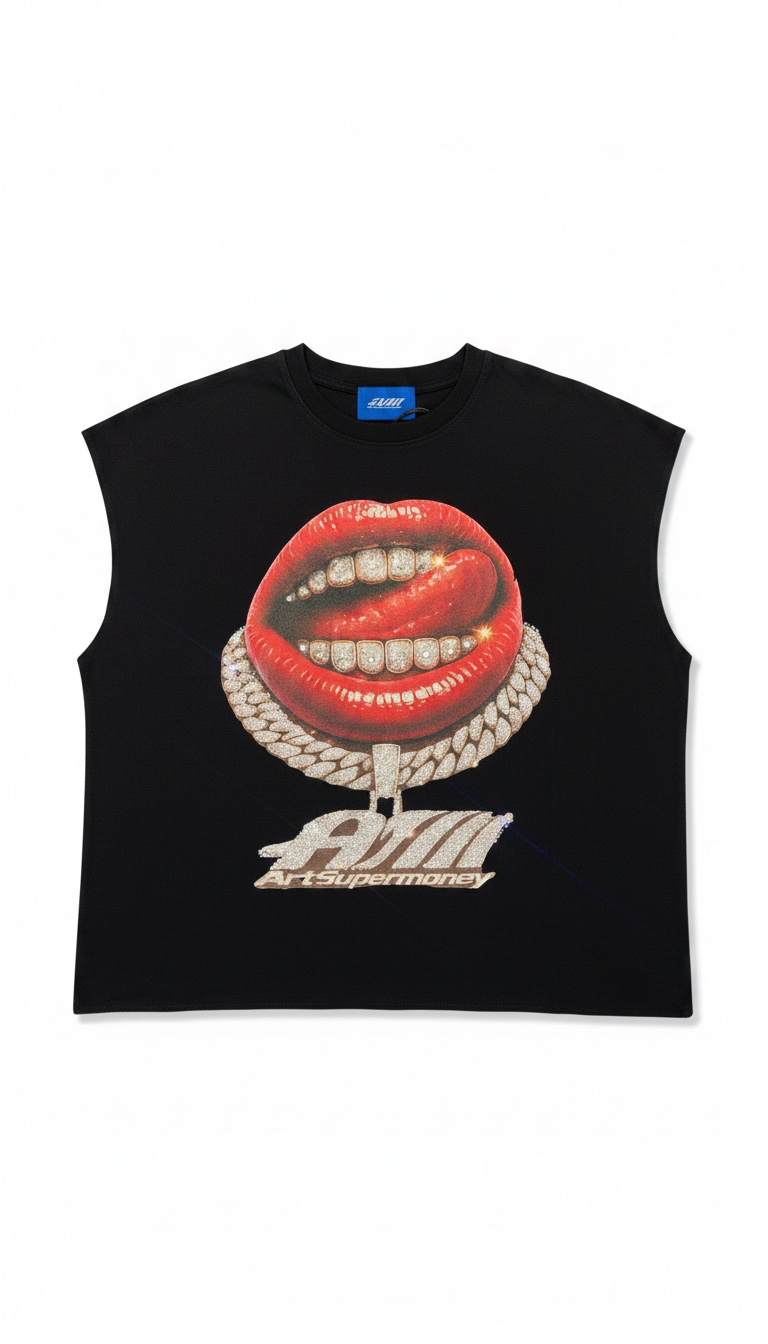 ART SUPER MONEY Canotta Con Stampa Fronte e Retro Con Brillantini Nera