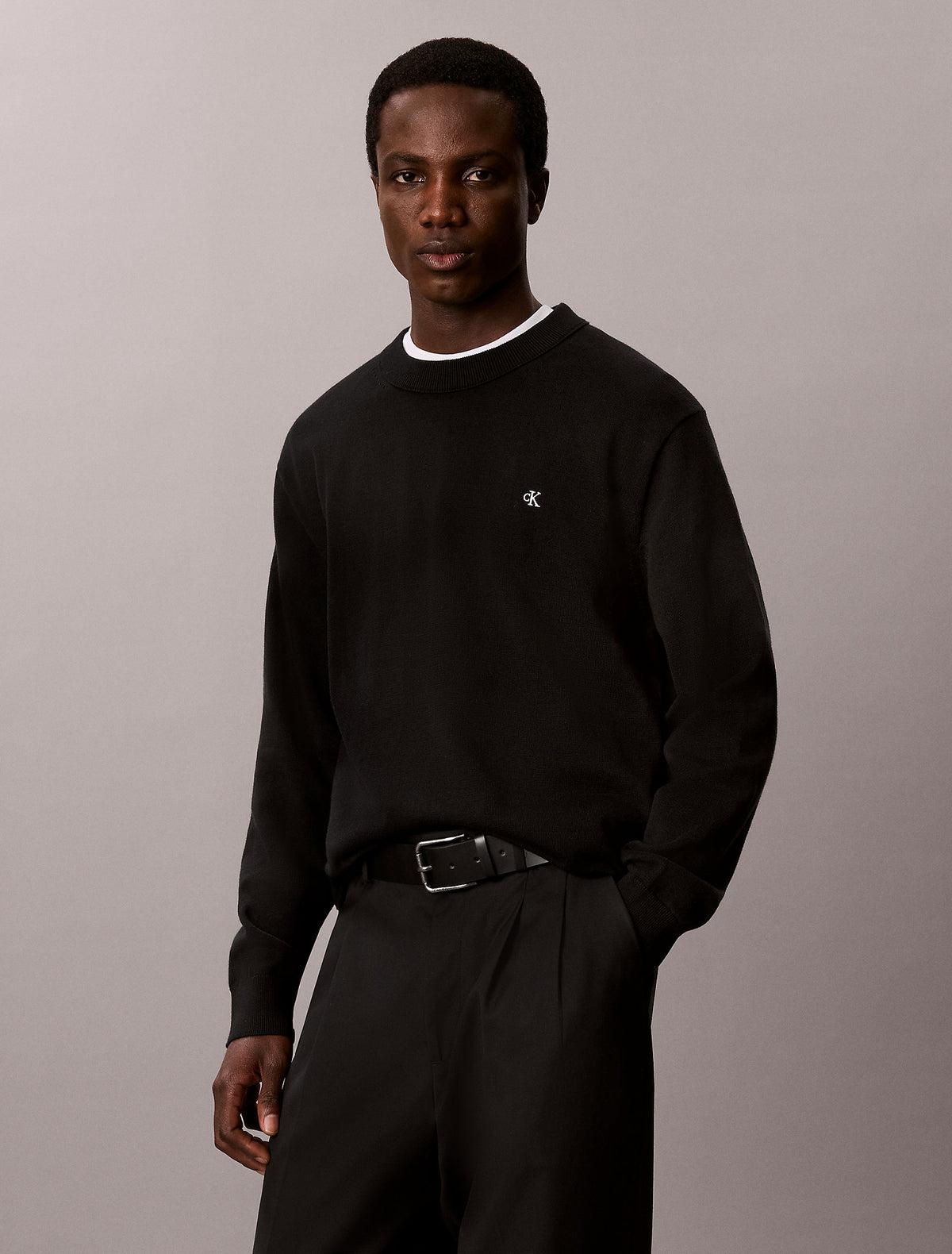 CALVIN KLEIN Maglioncino Girocollo In Cotone Liscio Logo Piccolo Nero