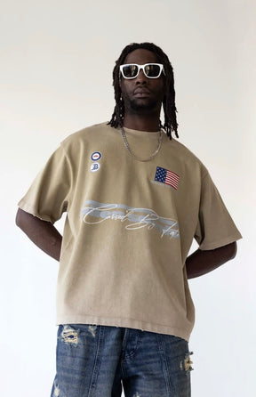 BLACK ISLAND T-Shirt In Cotone Sfumata Cropped Con Stampa America Beige