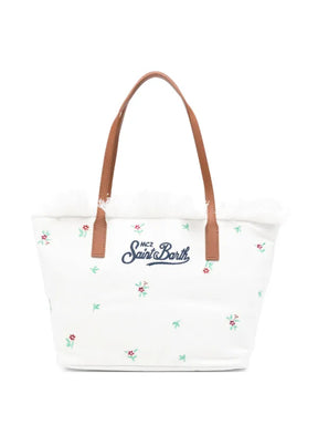 SAINT BARTH Borsa City Medium In Cotone Bianca Con Ricamo a Fiori