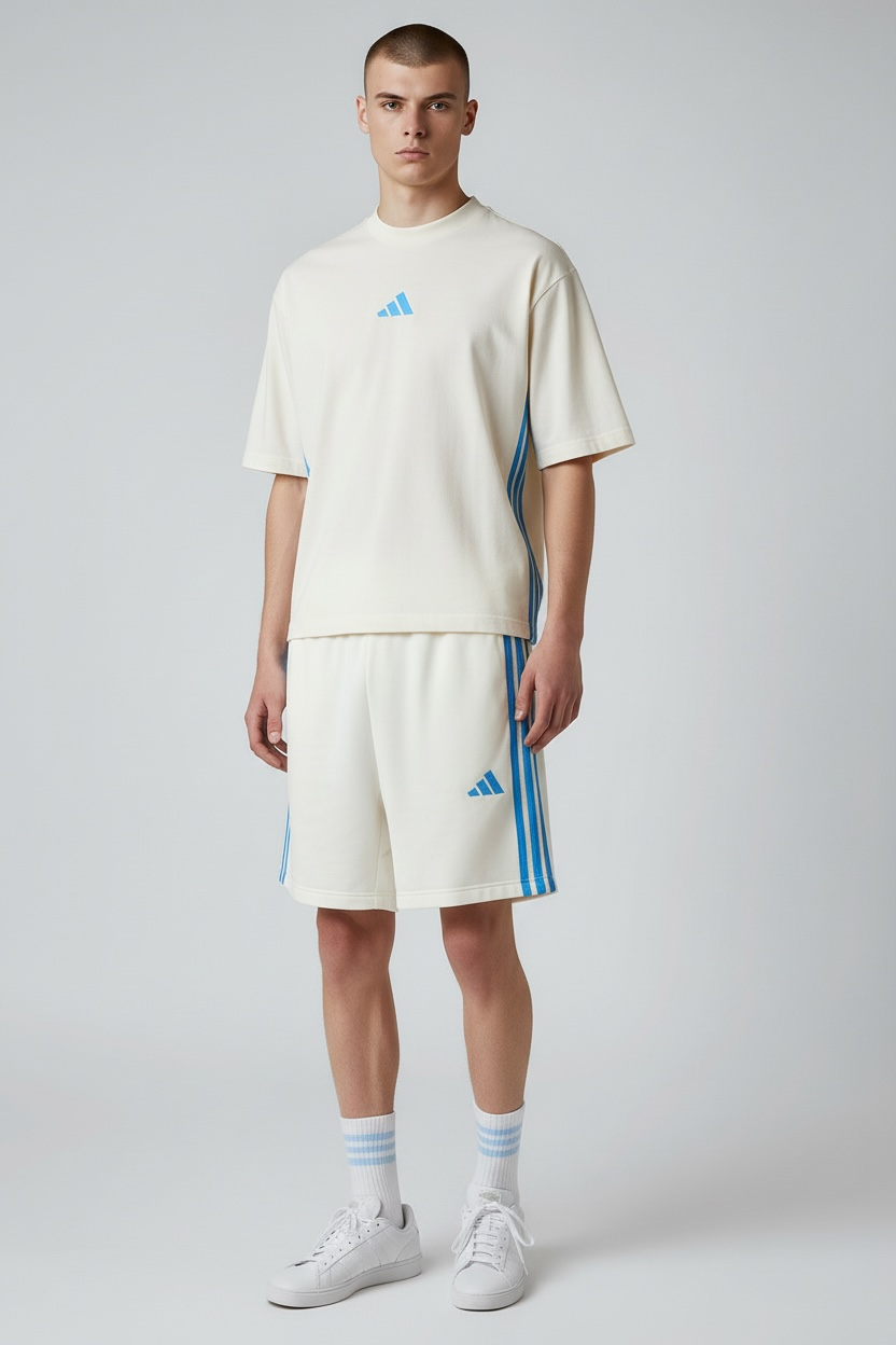 ADIDAS Completino In Cotone Bianco Con Bande Azzurre