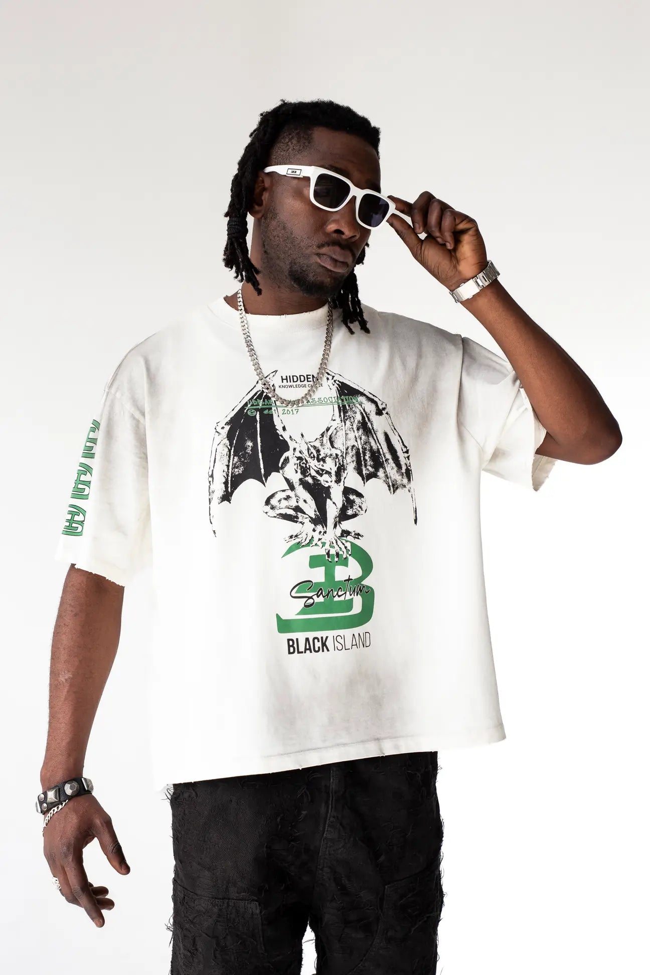 BLACK ISLAND T-Shirt In Cotone Sfumata Cropped Con Stampa Gotica Fronte e Retro Bianca/Nera/Verde
