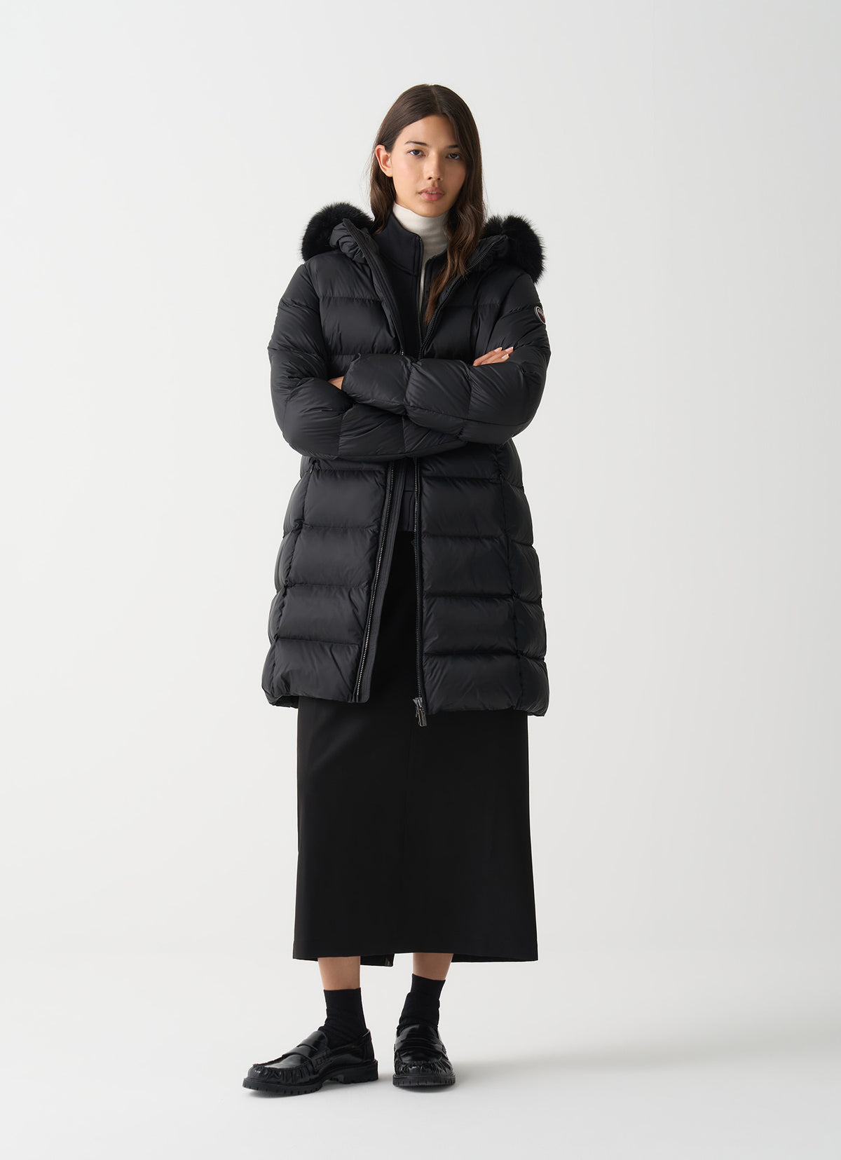 COLMAR DONNA GIUBBOTTO FASCIATO LUNGO CON PELLICCIA NERO OPACO