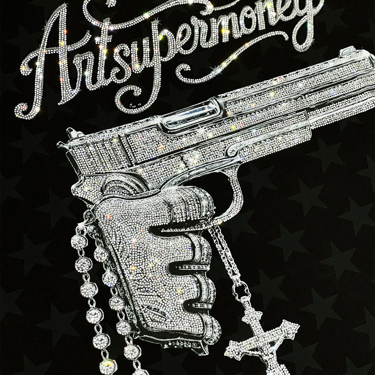 ART SUPER MONEY T-Shirt Holy Guns Con Stampa e Strass Fronte Retro Con Stampa Star Nera