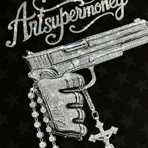ART SUPER MONEY T-Shirt Holy Guns Con Stampa e Strass Fronte Retro Con Stampa Star Nera