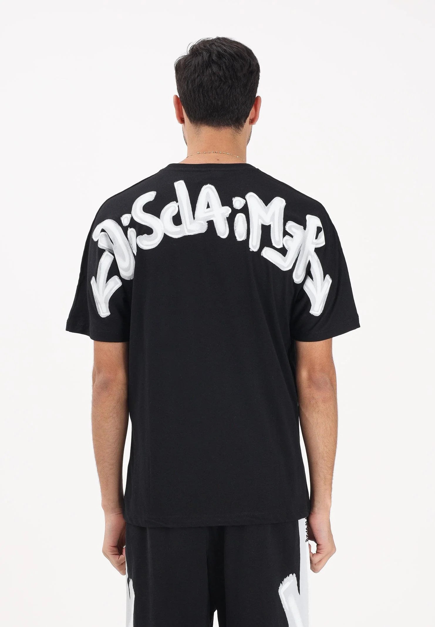 DISCLAIMER T-Shirt Con Logo Frontale e Stampa Retro Nera/Bianca