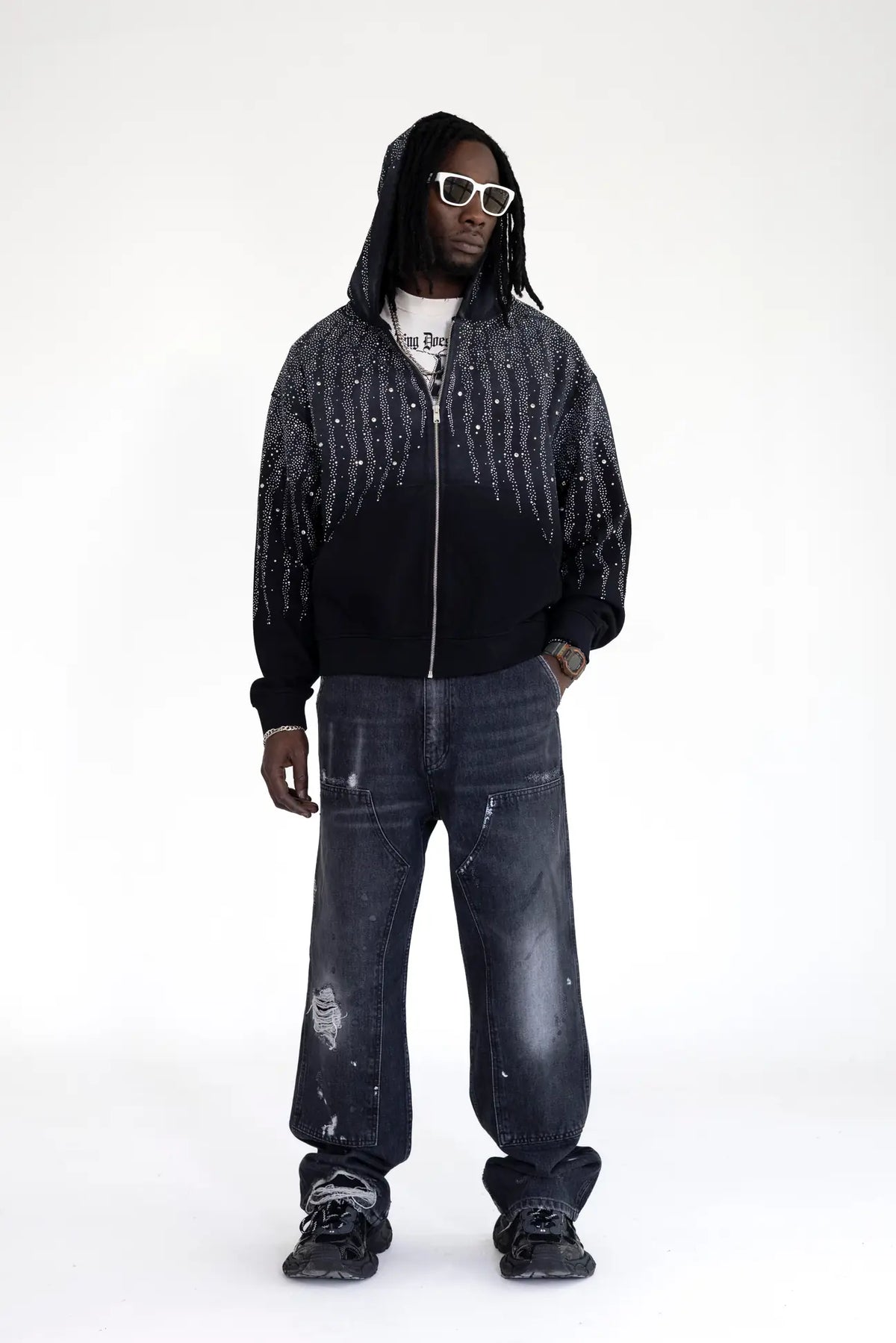 BLACK ISLAND Felpa Con Zip e Cappuccio Con Brillantini Stone Wash Nera/Grigio