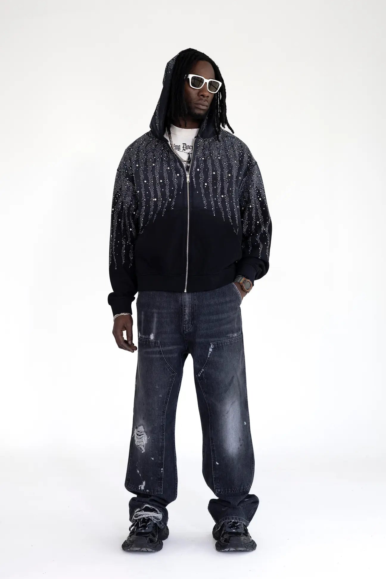 BLACK ISLAND Felpa Con Zip e Cappuccio Con Brillantini Stone Wash Nera/Grigio