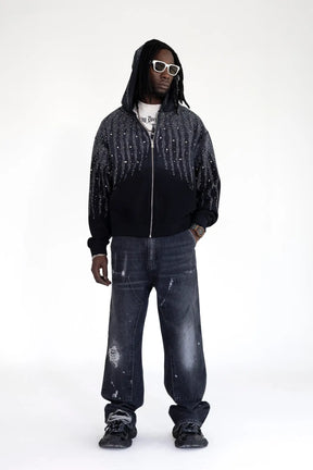 BLACK ISLAND Felpa Con Zip e Cappuccio Con Brillantini Stone Wash Nera/Grigio
