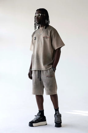 BLACK ISLAND Completino T-Shirt e Pantaloncino Sfumato Con Stampa Fronte e Retro Beige Stone Wash