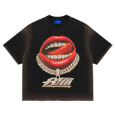 ART SUPER MONEY T-Shirt GRILLZ Con Stampa e Strass Fronte Retro Nera