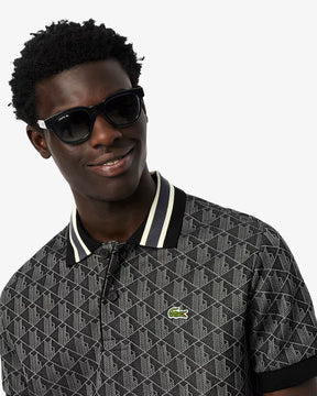 LACOSTE Polo Linea Monogram in Tessuto Jacquard Nera