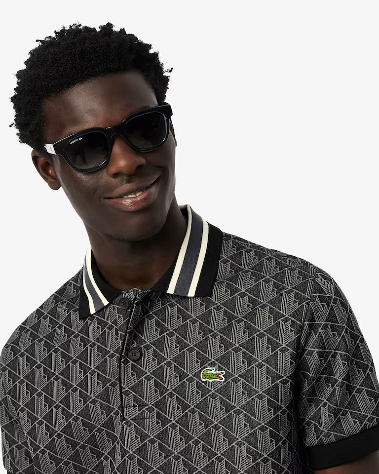 LACOSTE Polo Linea Monogram in Tessuto Jacquard Nera
