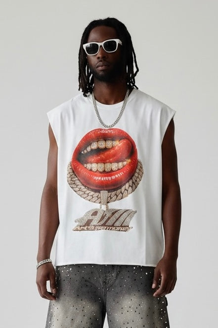 ART SUPER MONEY Canotta Con Stampa Fronte e Retro Con Brillantini Nera