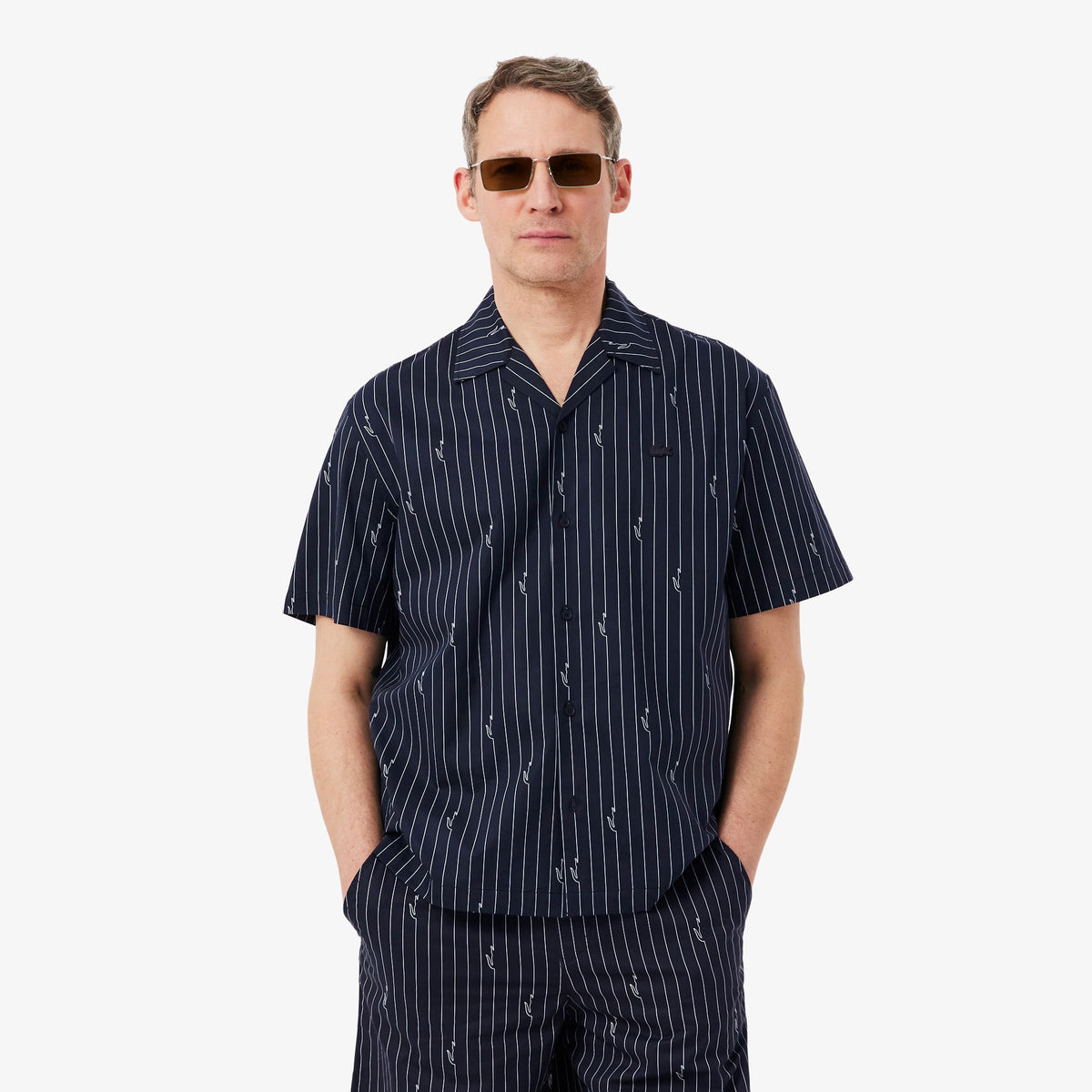 LACOSTE Coordinato Camicia Mezze Maniche e Pantaloncino Rigato Nero