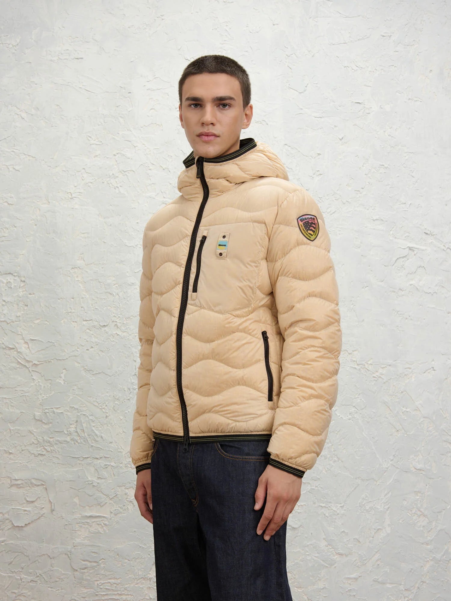 BLAUER Giubbotto Uomo Piumino Invernale Ondulato Wave Colors Down Con Cappuccio Beige