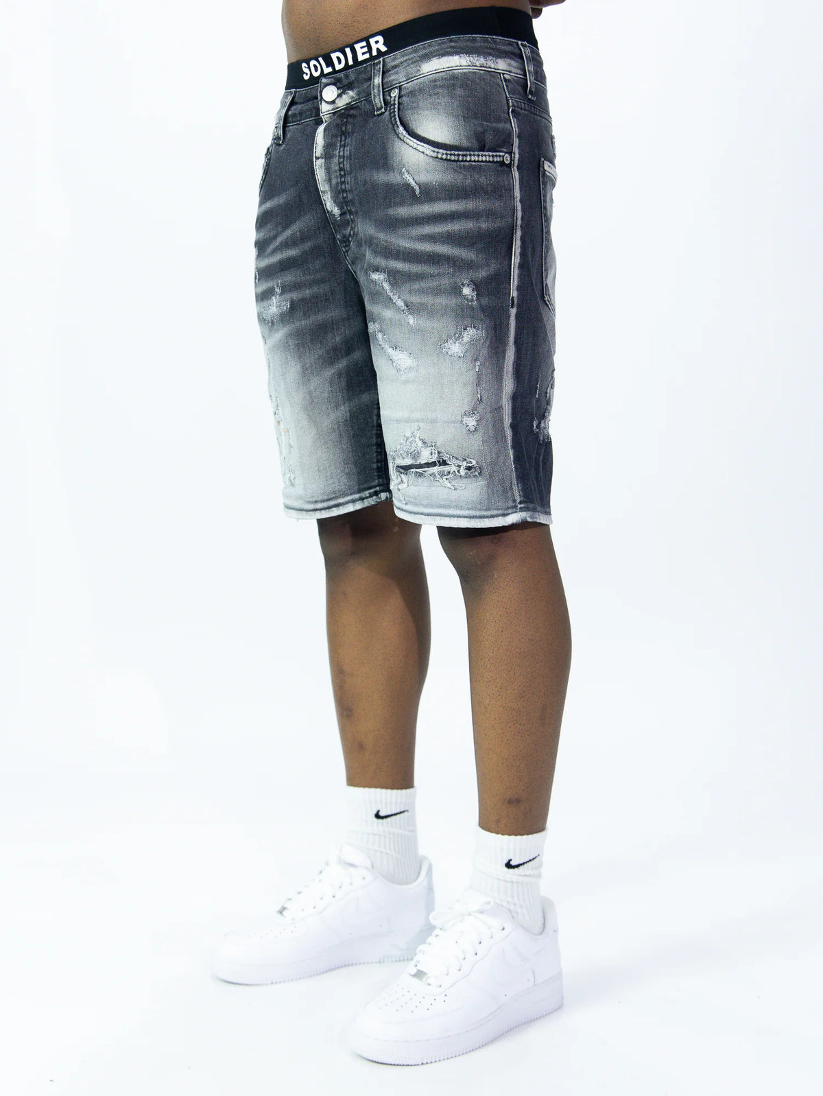 SOLDIER Bermuda Jeans In Denim Grigio Asfalto Con Strappi
