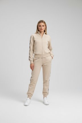 GUESS Tuta Donna In Cotone Con Bande Felpa Con Zip e Pantalone Beige