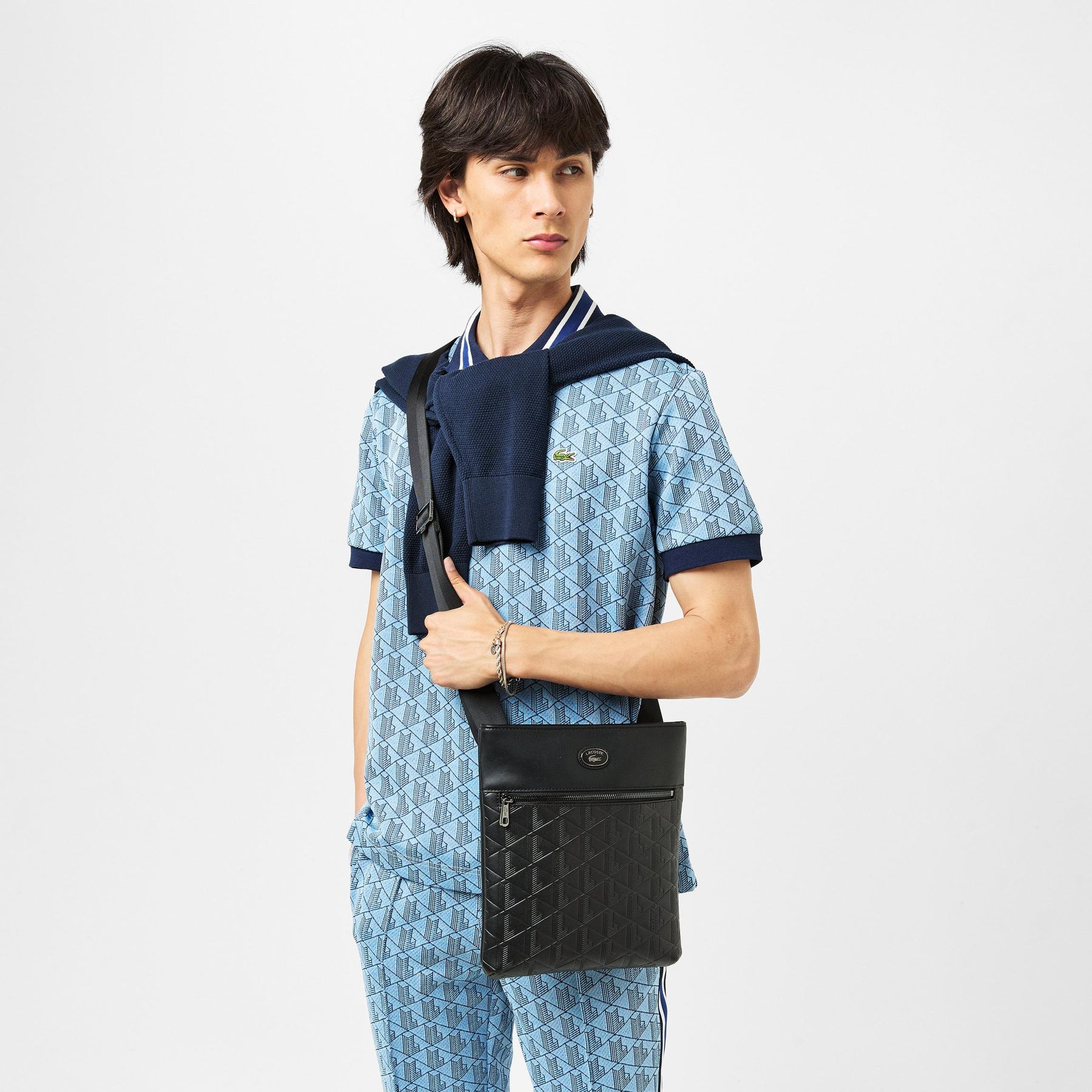 LACOSTE Monogram Marsupio Flat Crossover Bag Tono su Tono Nero