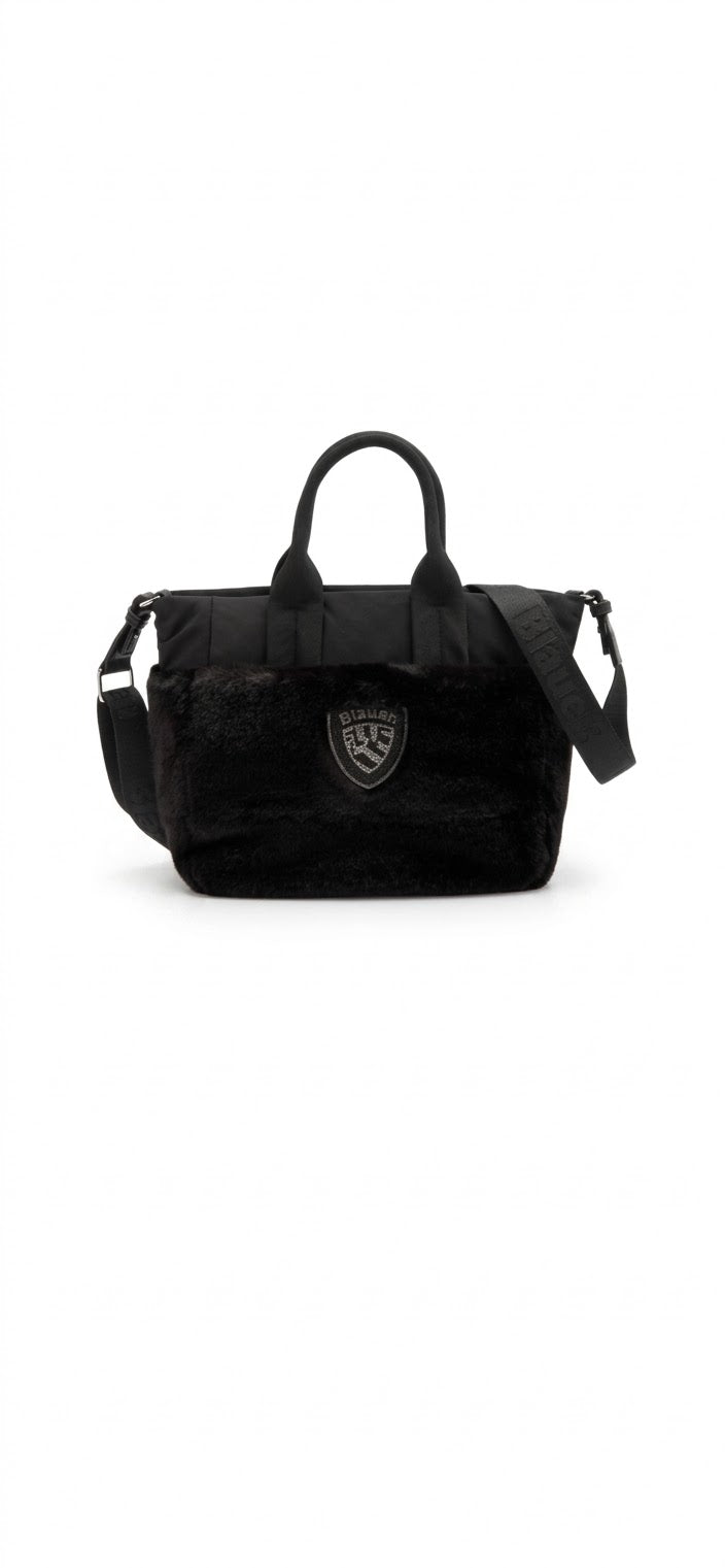 BLAUER Tote Bag Con Pelliccia e Logo Strass Nera