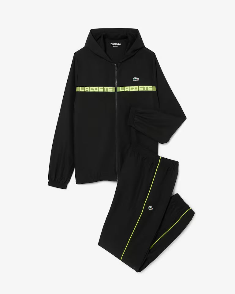 LACOSTE Tuta Leggera In Microfibra Con Bande Centrali Fluo e Logo Nera/Fluo
