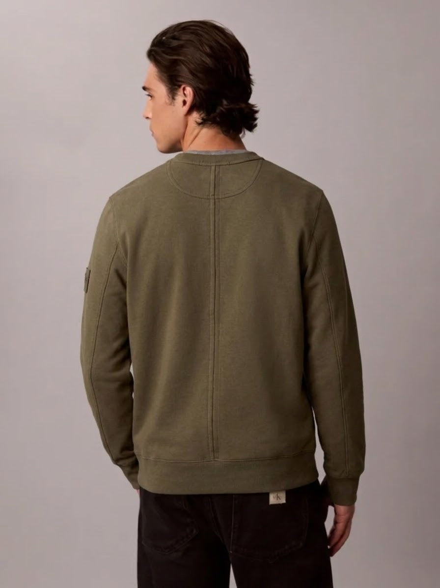 CALVIN KLEIN Felpa Girocollo Terry Misto Cotone Con Badge Sulla Manica Verde Oliva 26/27