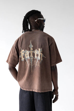 BLACK ISLAND T-Shirt In Cotone Sfumata Cropped Con Stampa Croci Fronte e Retro Marrone