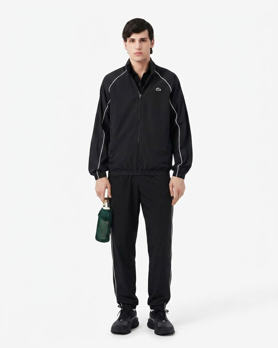 LACOSTE Tuta In Microfibra Nera Con Bordi a Contrasto Bianchi