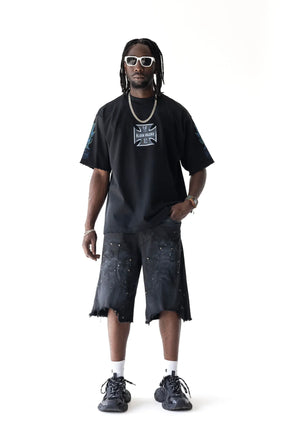 BLACK ISLAND T-Shirt In Cotone Stampa Croce Fronte e Retro Nera