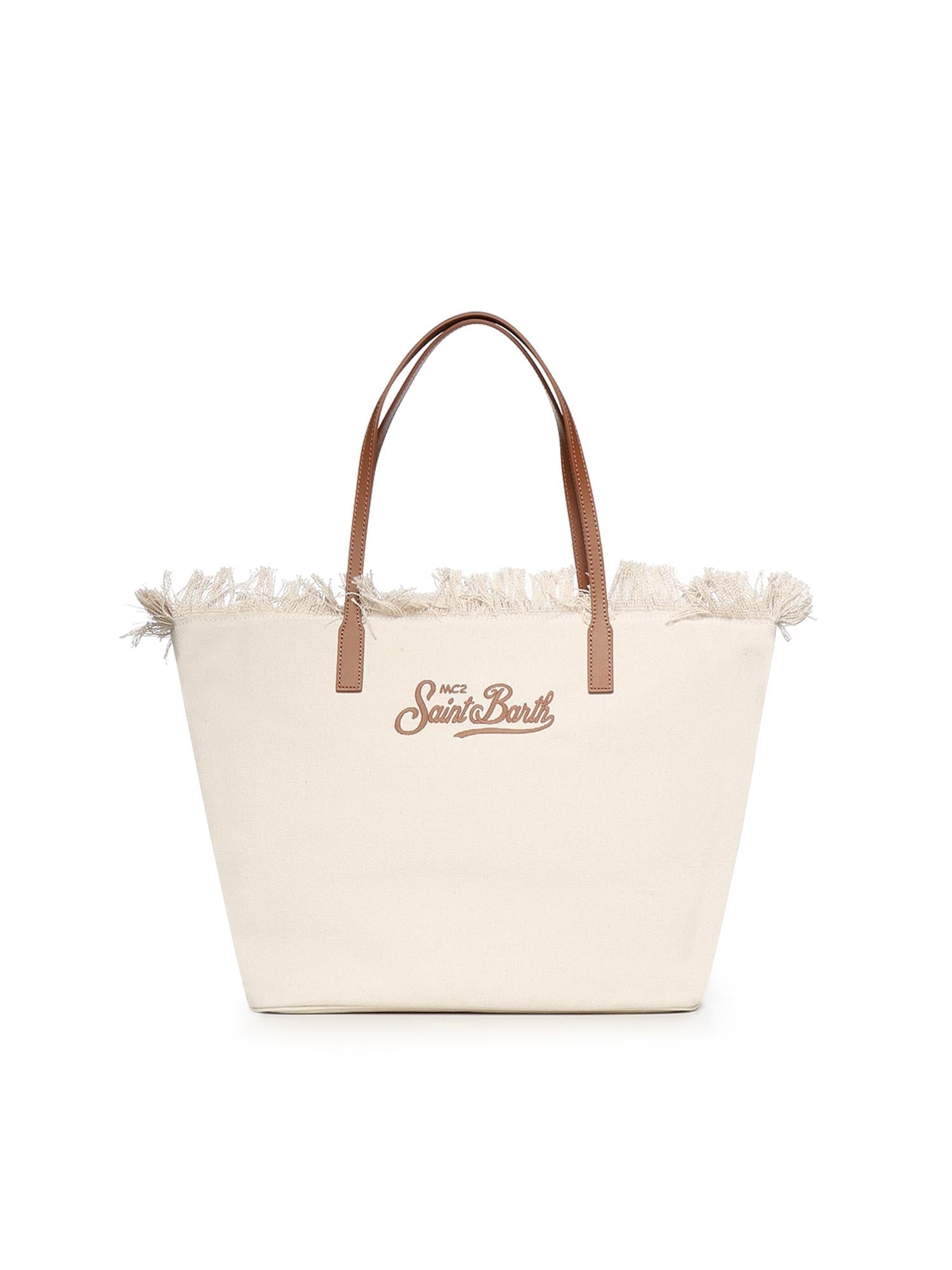 SAINT BARTH BORSA CITY REGULAR IN CANVAS PANNA CON FRANGE Logo Ricamato Marrone Beige
