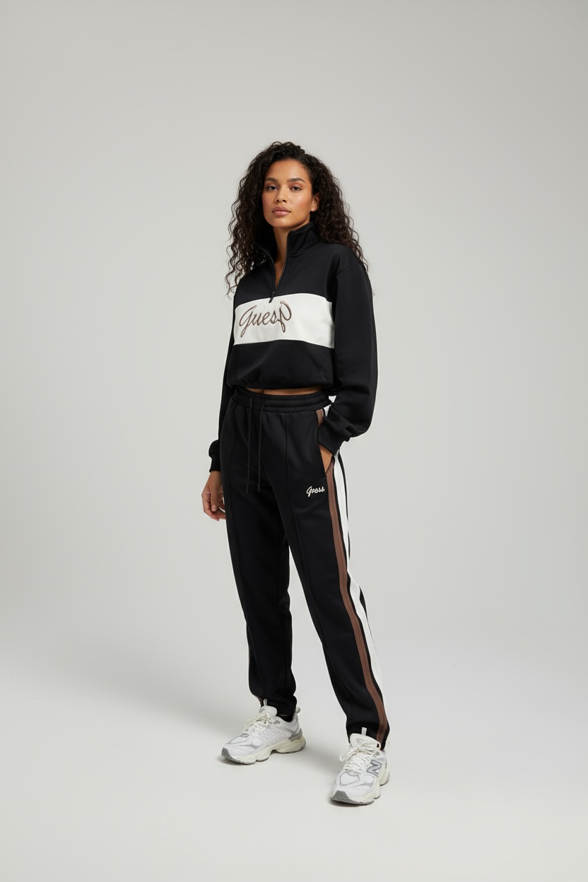 GUESS Tuta Donna In Neoprene Con Banda Centrale Con Lolo Felpa Con Mezza Zip Nera/Bianca