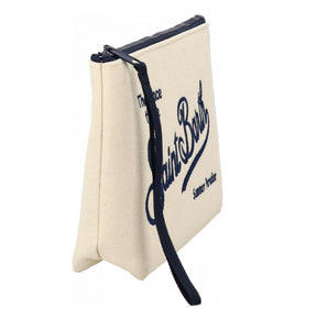 SAINT BARTH Pochette Aline Canvas Beige Logo Ricamato Blu