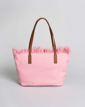 SAINT BARTH Borsa City Medium in cotone rosa con chiusura a zip e frange