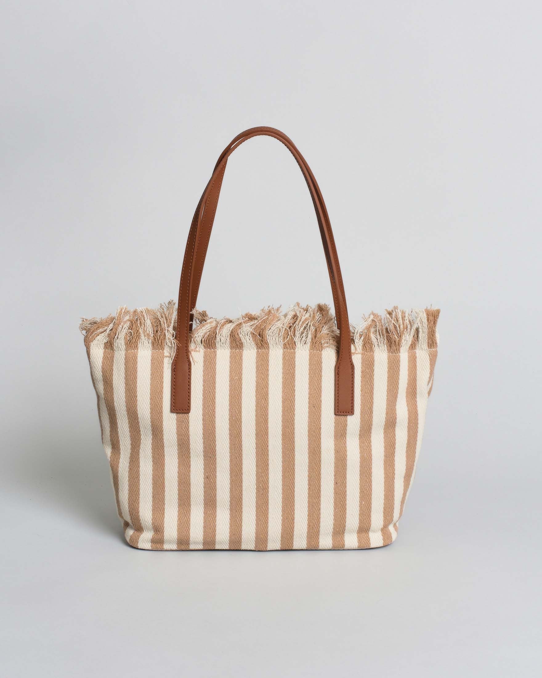 SAINT BARTH Borsa City Medium in canvas a righe nocciola con chiusura a zip e frange