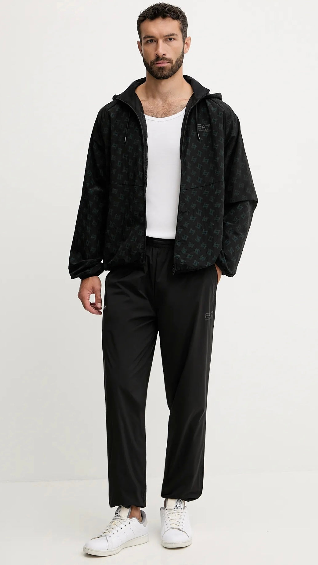 EMPORIO ARMANI Tuta Leggera In Microfibra Con Zip Nera dettagli Verdi 25/26