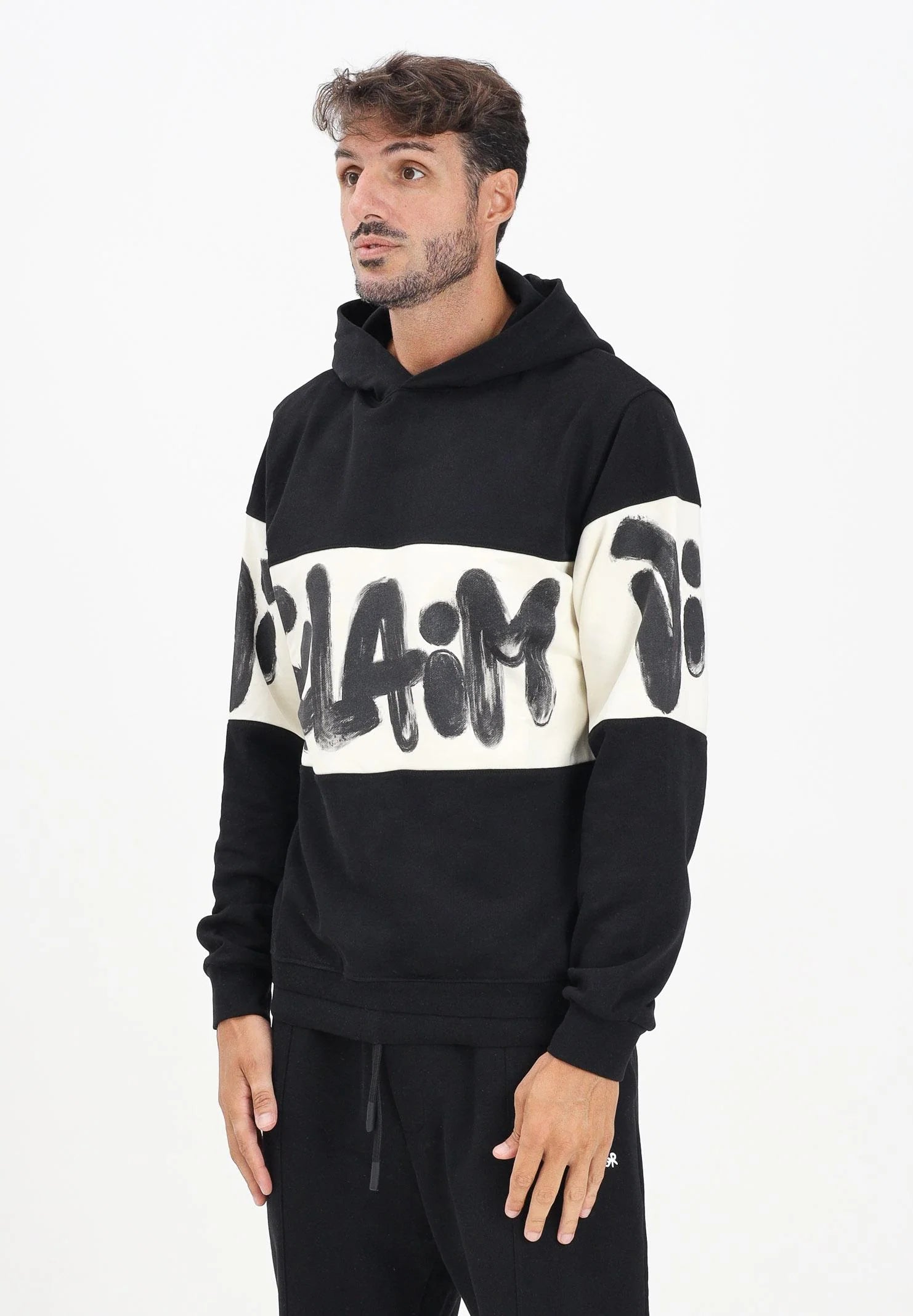 DISCLAIMER Felpa Con Cappuccio Logo Centrale Nera e Panna