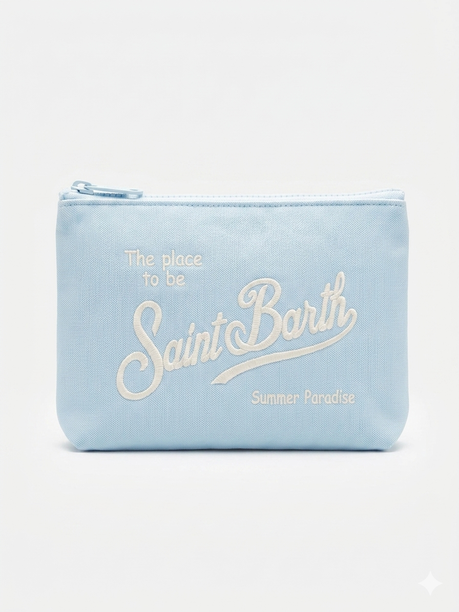 SAINT BARTH Pochette Aline Piquet Azzurra Logo Ricamato Bianco