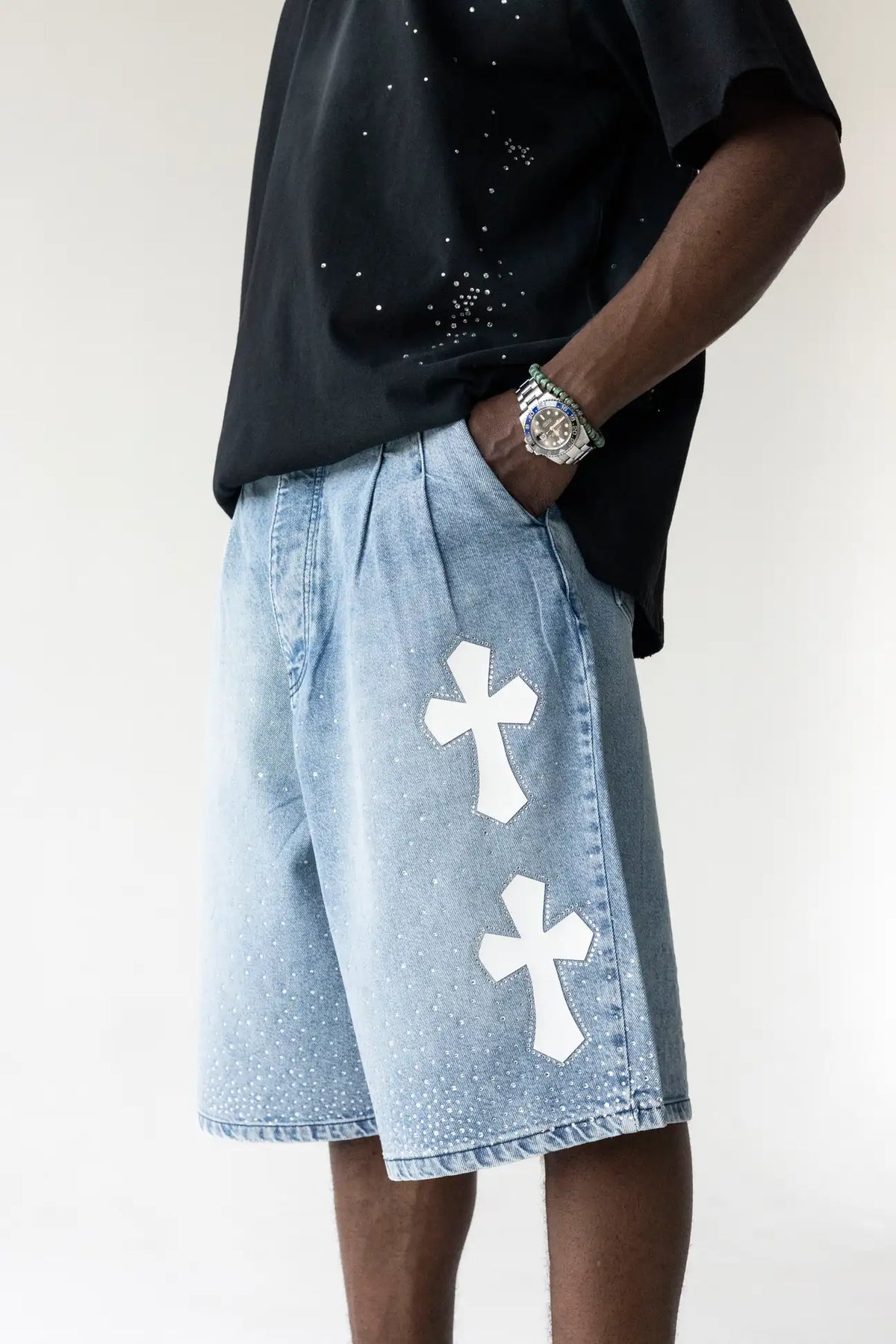 BLACK ISLAND Bermuda Jeans Jorts Con Dettagli Croci e Brillantini