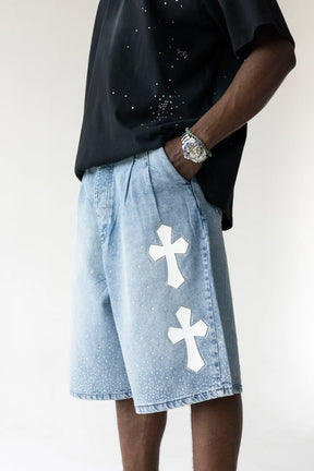 BLACK ISLAND Bermuda Jeans Jorts Con Dettagli Croci e Brillantini