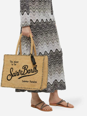 SAINT BARTH Borsa a spalla Vanity Rafia beige con bordo nero