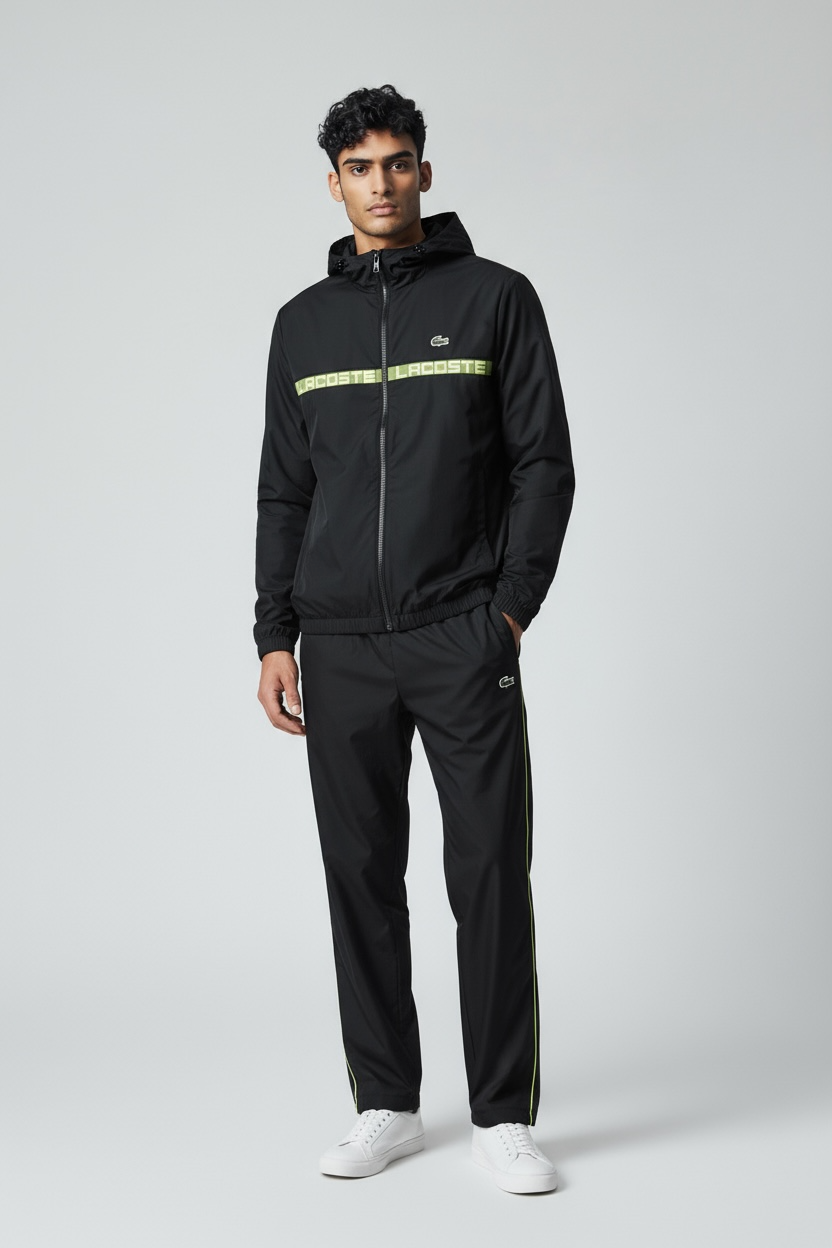 LACOSTE Tuta Leggera In Microfibra Con Bande Centrali Fluo e Logo Nera/Fluo