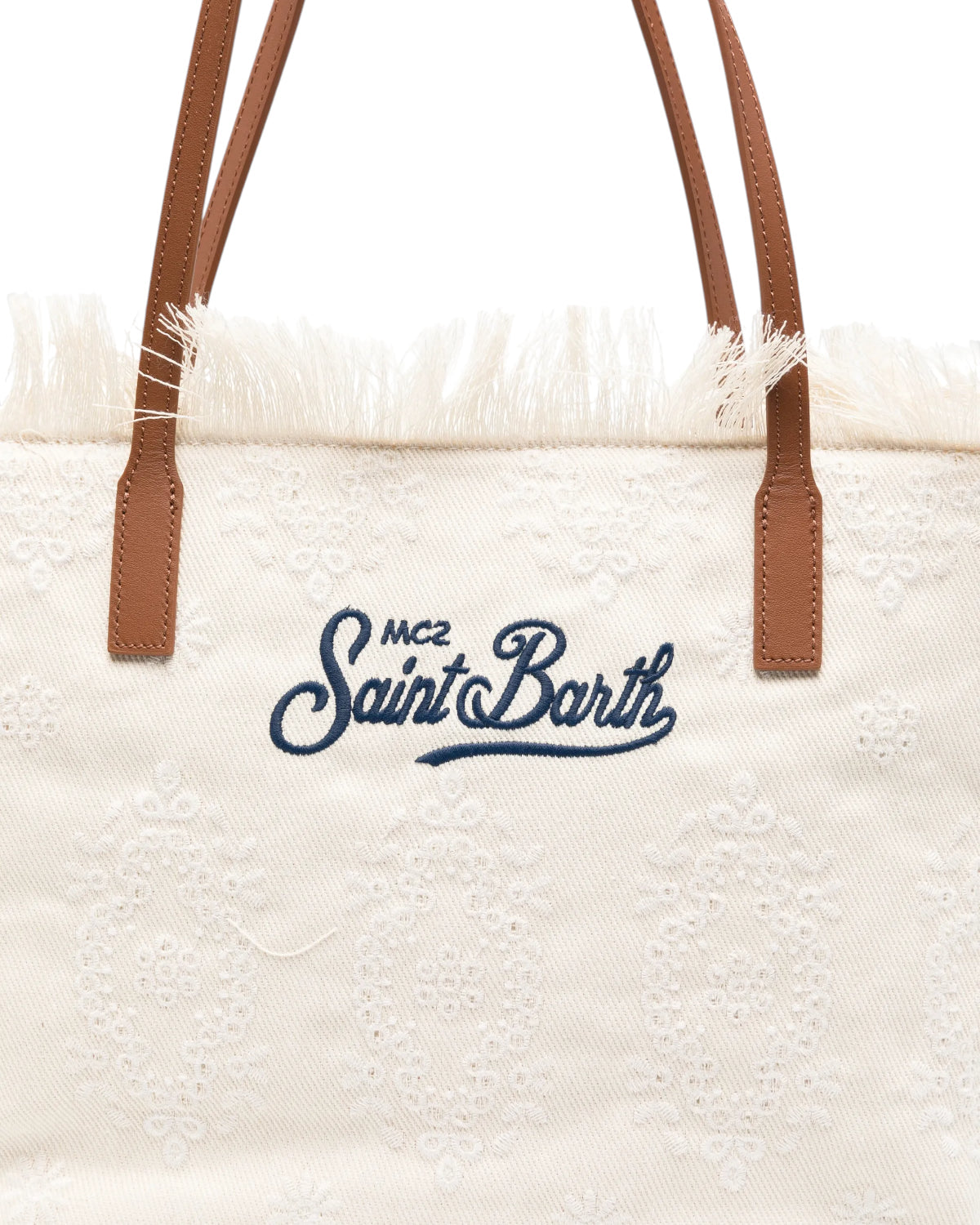 SAINT BARTH Borsa City regular in Sangallo con Frange Bianca Logo Ricamato Blu