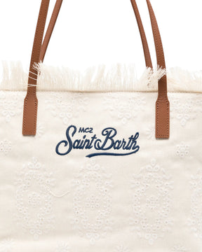 SAINT BARTH Borsa City regular in Sangallo con Frange Bianca Logo Ricamato Blu