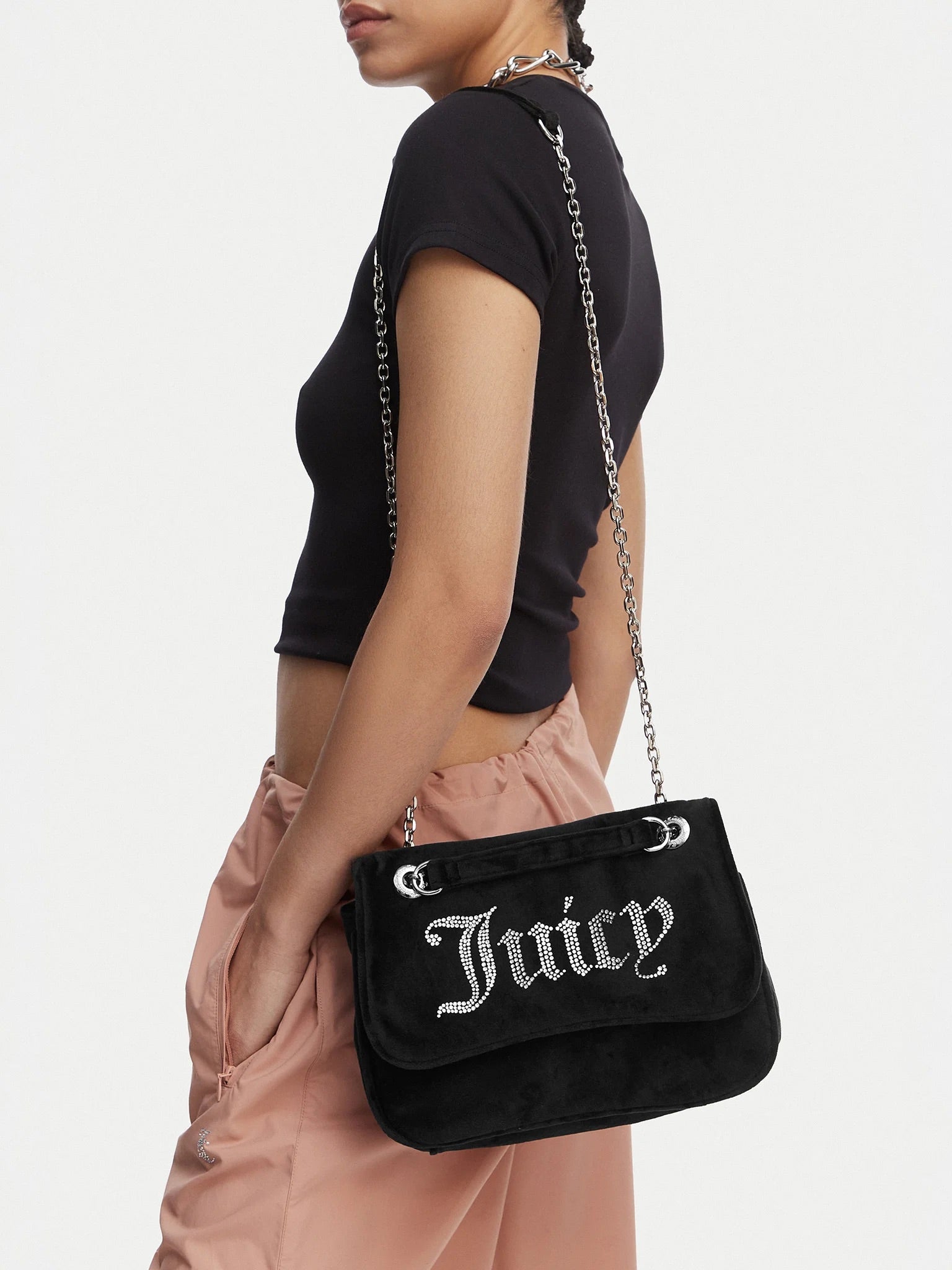 JUICY COUTURE Borsa Kimberly a Spalla Velluto Logo Con Brillantini Nera