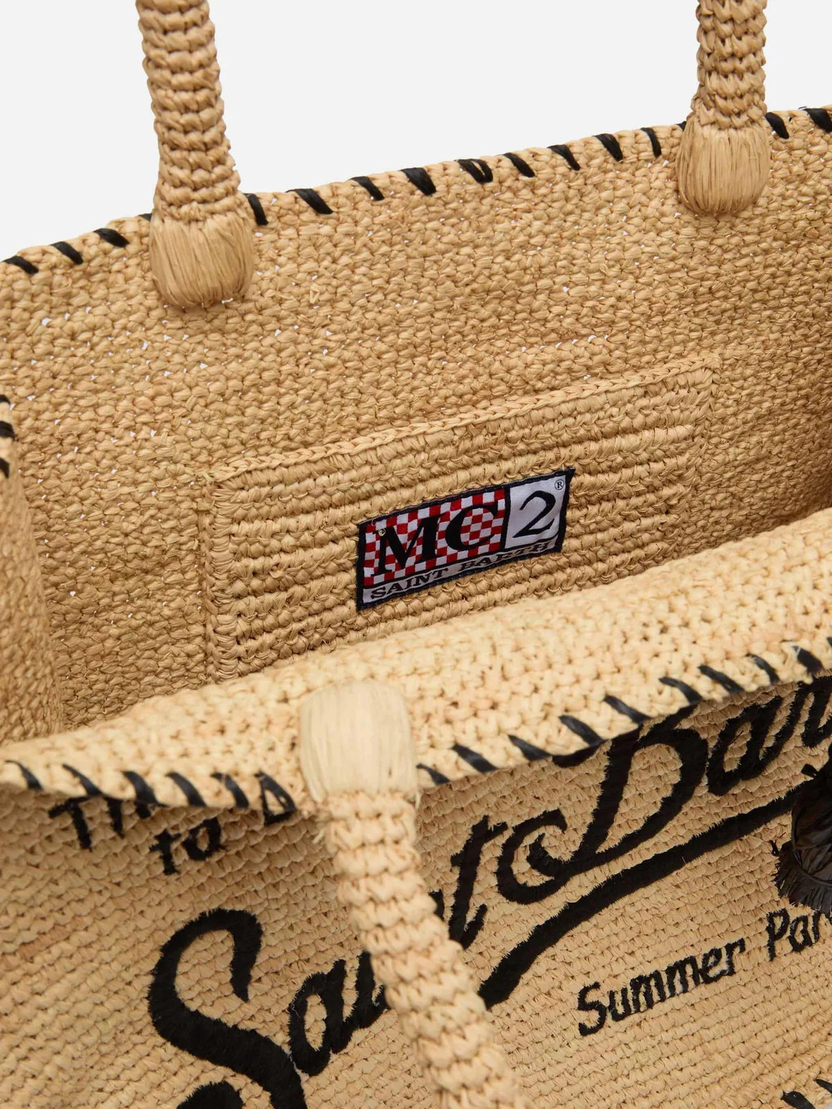 SAINT BARTH Borsa a spalla Vanity Rafia beige con bordo nero