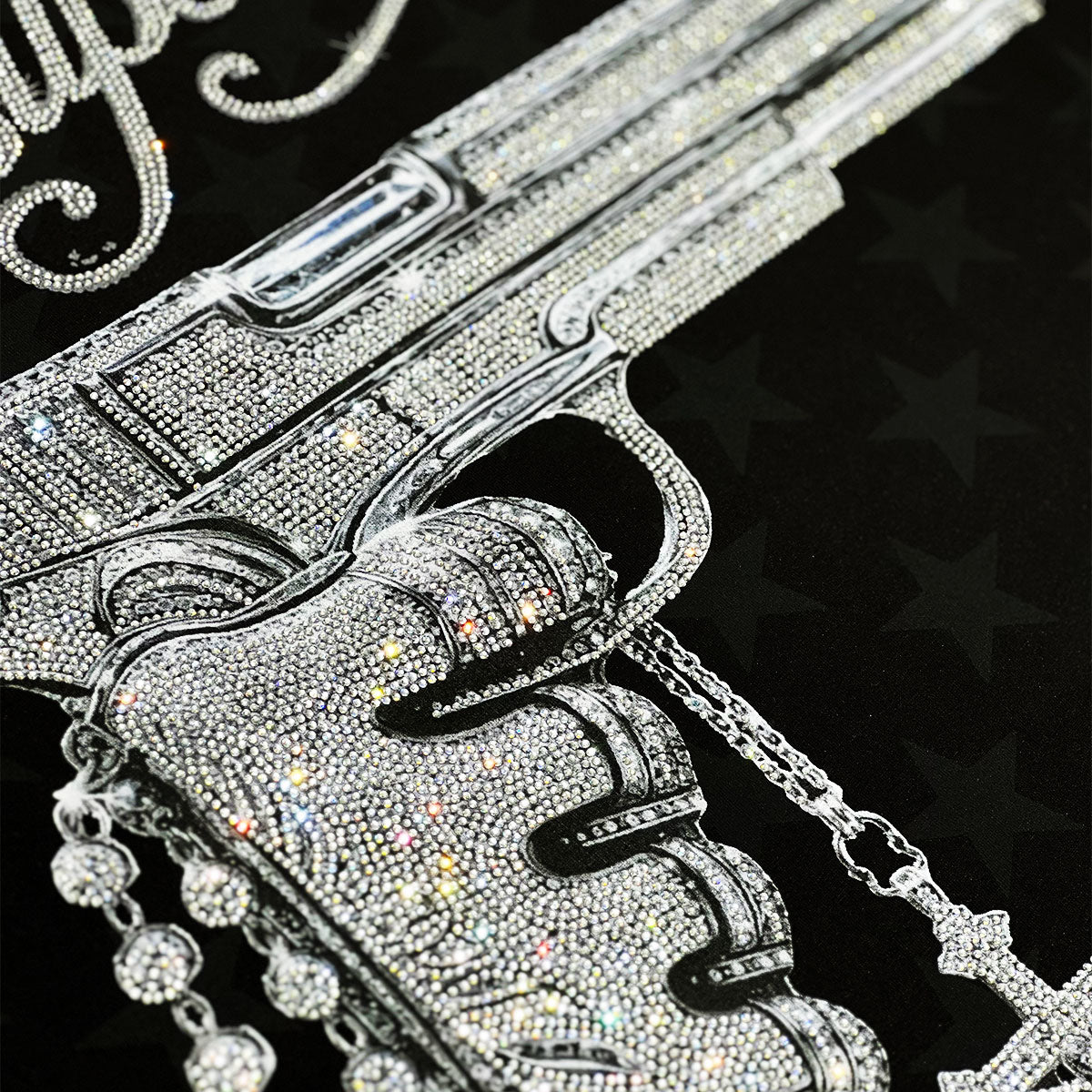 ART SUPER MONEY T-Shirt Holy Guns Con Stampa e Strass Fronte Retro Con Stampa Star Nera